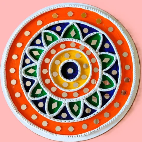 lippan art with Orange, blue, yellow
