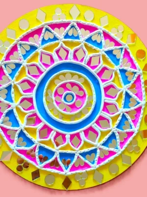 lippan art with yellow, blue, and pink, with mirrors that glow.