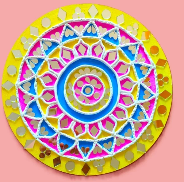 lippan art with yellow, blue, and pink, with mirrors that glow.