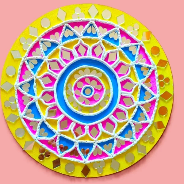lippan art with yellow, blue, and pink, with mirrors that glow.