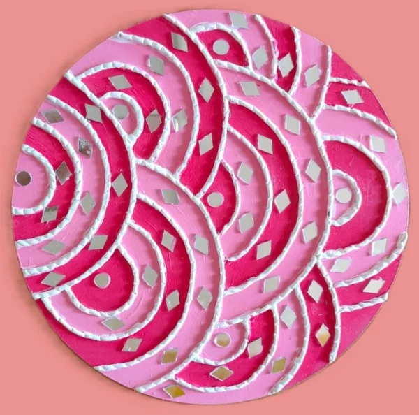 lippan art with pink with white accents and mirrors that sparkle.