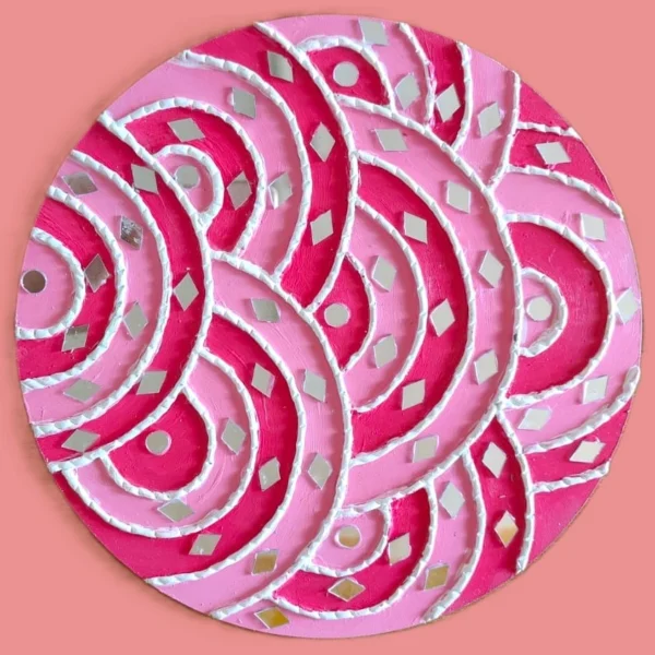 lippan art with pink with white accents and mirrors that sparkle.